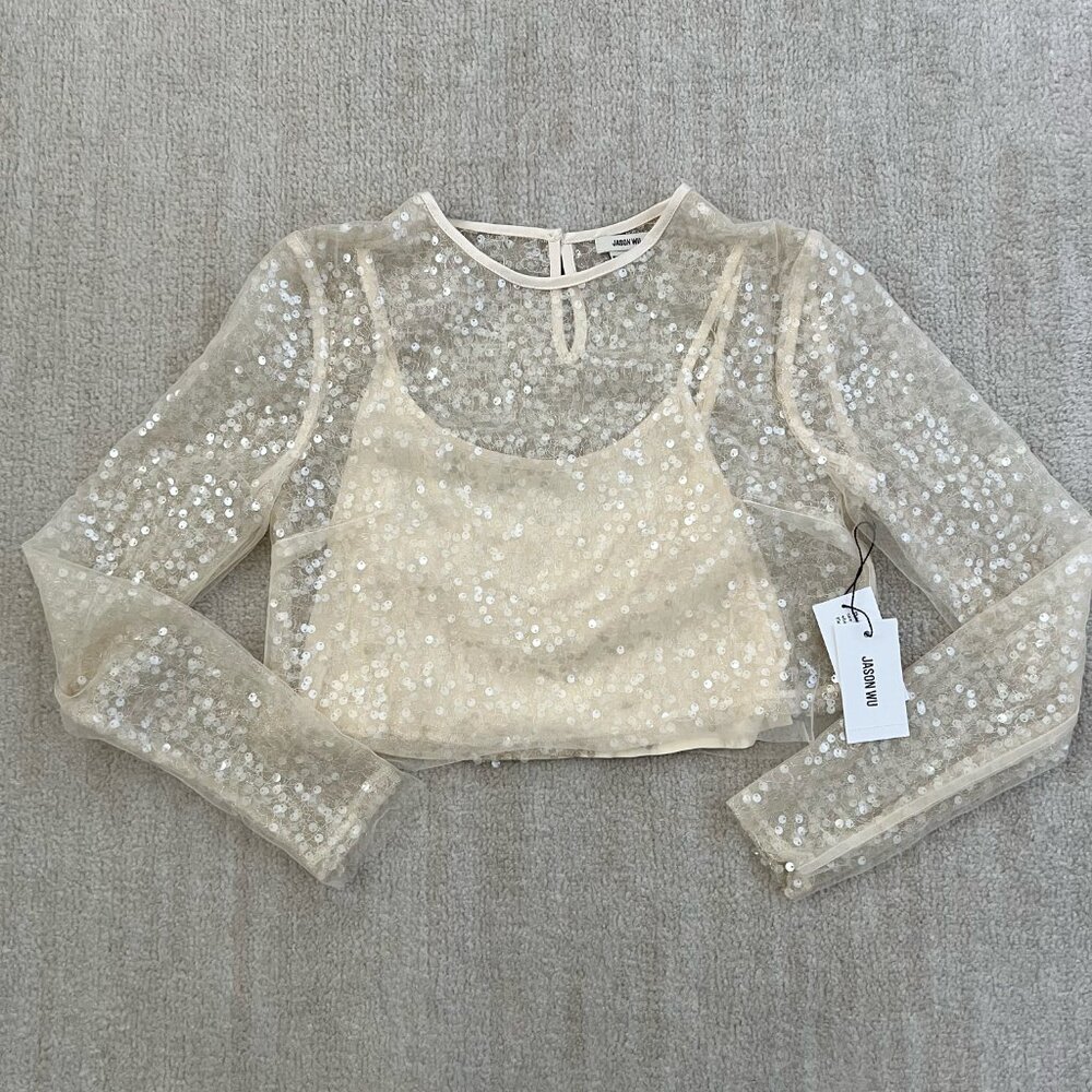 NWT Jason Wu Sequin Sheer Long Sleeve Crop Top Blouse XS